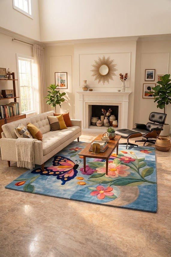 Hand-Tufted Wool Butterfly Floral Rug, 3D Nature Inspired Area Carpet