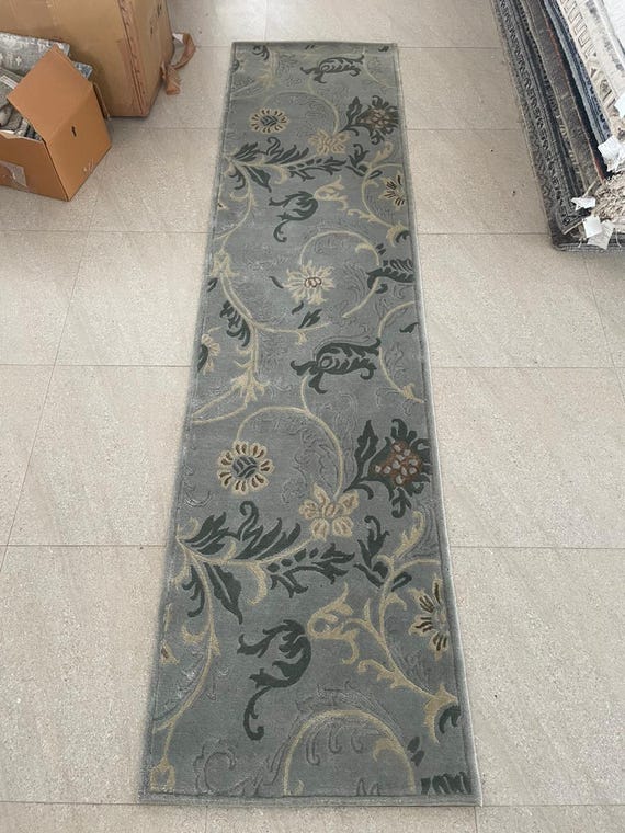 Hand-Knotted Wool Runner – Grey Gold Floral Botanical Hallway Carpet