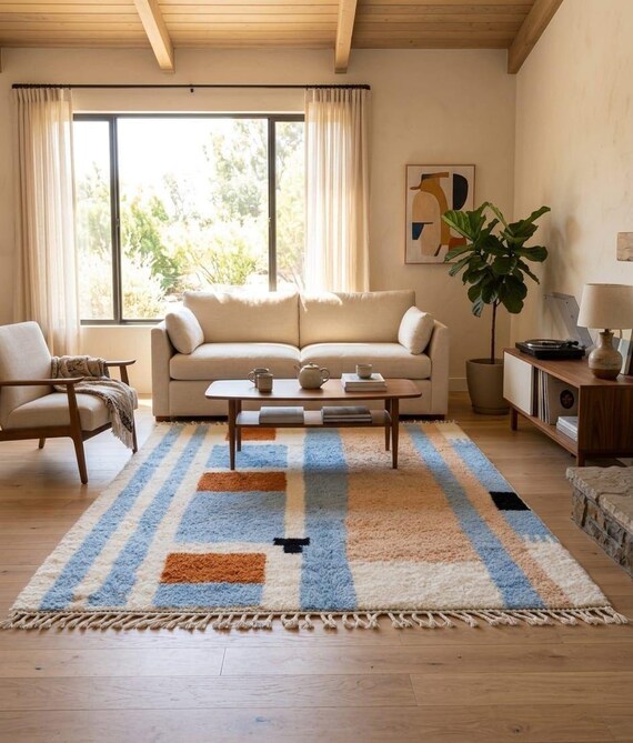 Hand-Knotted Wool Rug – Abstract Geometric Blue Ochre Area Carpet