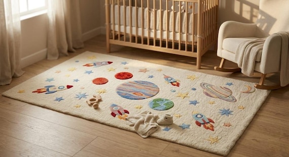 Hand Tufted Wool Space Nursery Rug: Planets, Rockets, Stars – Kids Room Decor