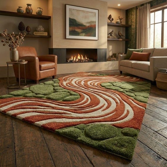 Hand-Tufted Moss and River Stone Abstract Rug – Earthy Mid-Century Modern Floor Art