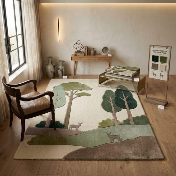 Hand-Tufted Wool Woodland Nursery Rug – 3D Forest Scene, Deer, Trees, Kids Play Mat