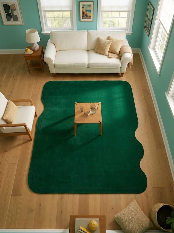 Green Velvet Abstract Rug, Soft Plush Floor Mat, Modern Minimalist Carpet