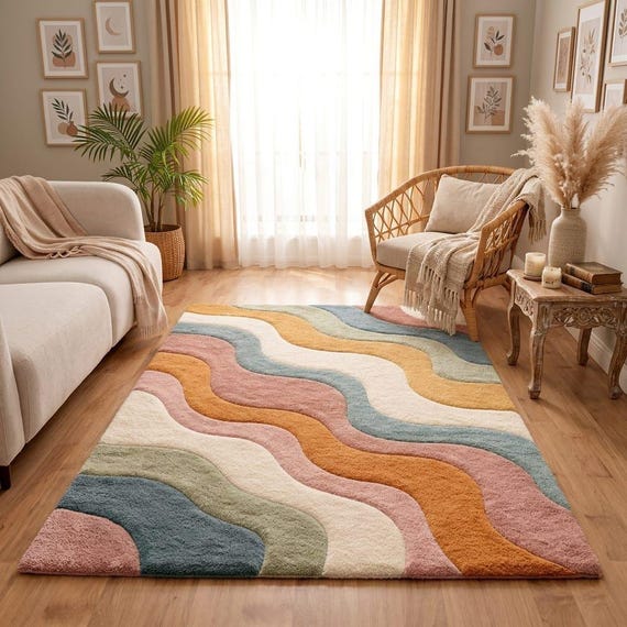 Handmade Abstract Wavy Tufted Rug, Modern Boho Plush Carpet, Retro Living Room Bedroom Decor