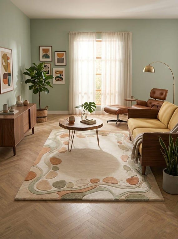 Modern Abstract Wave Rug - Hand-Tufted Earth Tone Wool Area Rug for Living Room (USA)