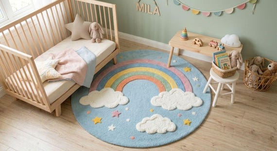 Pastel Rainbow Cloud Wool Rug, Hand-Tufted Kids Nursery Carpet, Whimsical Play Mat