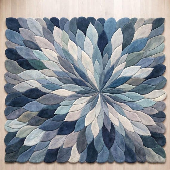 Hand-Tufted 3D Wool Leaf Rug, Earthy Blue Boho Floral Carpet, Sculptural High-Pile Floor Art