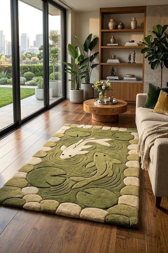 Hand Tufted Koi Fish Wool Rug, Green Lily Pad Nature Carpet