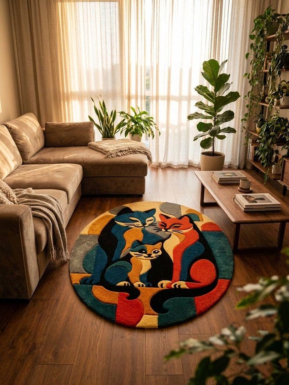 Hand Tufted Cat Family Wool Rug, Modern Abstract Animal Carpet, Kids Nursery Decor