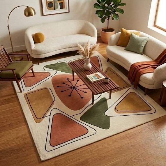 Mid-Century Modern Abstract Starburst Rug, Hand-Tufted Wool Carpet, Retro 1950s Style
