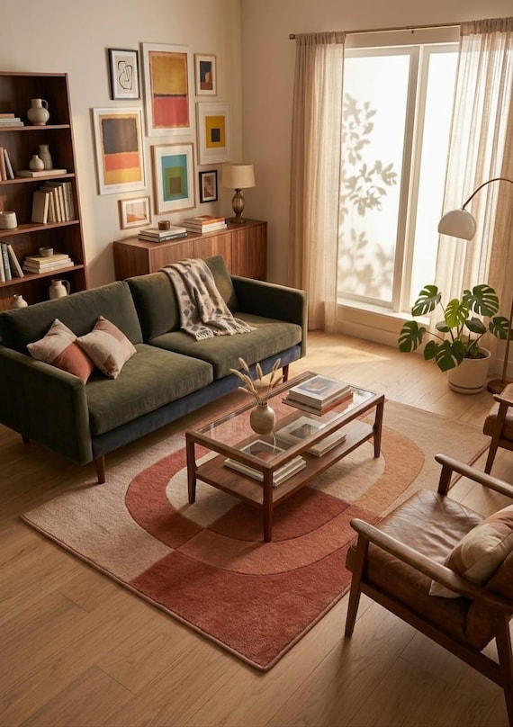 Hand-Tufted Wool Abstract Rug, Terracotta Beige Rust Geometric Carpet