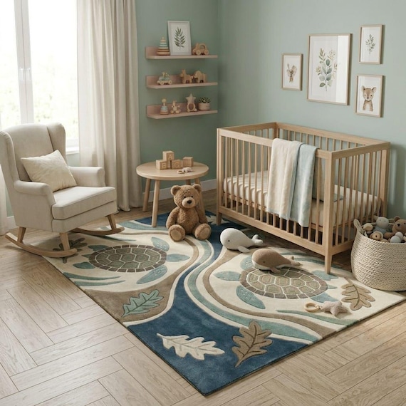Hand-Tufted Wool Sea Turtle Rug – Coastal Nursery, Kids Room Ocean Decor