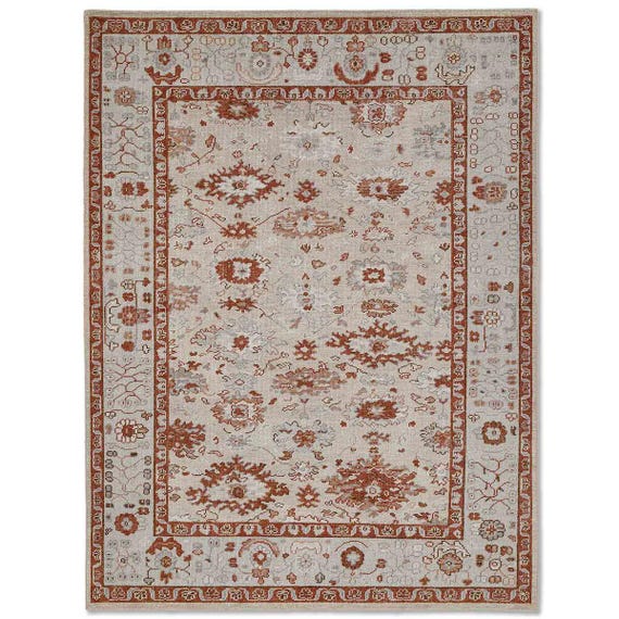 Hand Knotted Oushak Rug, Vintage Turkish Wool Carpet, Neutral Beige Floral Area Rug