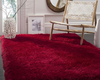 Tapis à poils longs rouge foncé - Moquette ultra douce en peluche pour chambre à coucher et salon