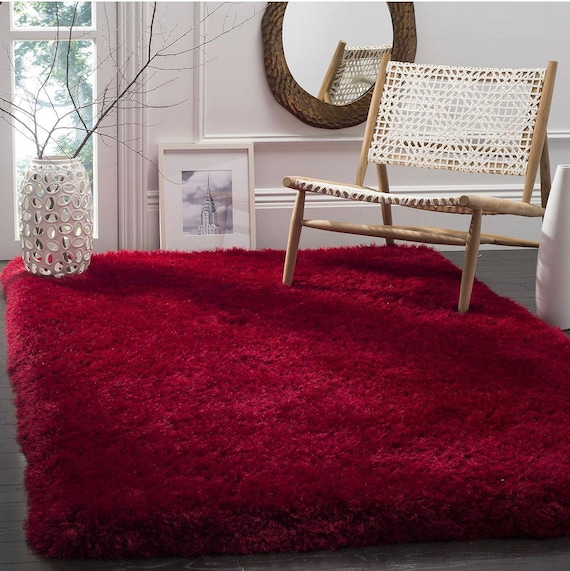 Deep Red Shaggy Rug – Ultra Soft Plush Pile Carpet for Bedroom, Living Room