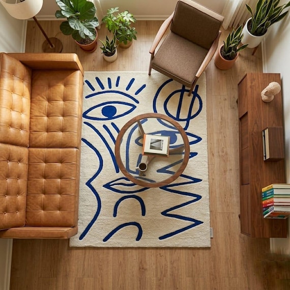 Abstract Face Line Art Rug – Matisse Inspired Blue Cream Tufted Carpet