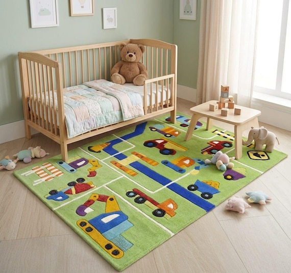Construction Site Play Mat, Kids Vehicles Playroom Carpet, Toddler Activity Rug