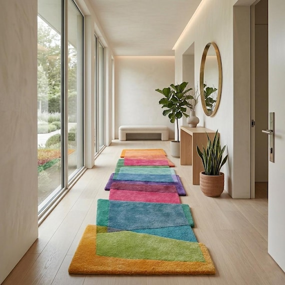Colorful Gradient Runner Rug, Modern Rainbow Hallway Carpet, Soft Tufted Entryway Mat