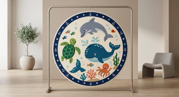 Ocean Life Round Wool Rug, Hand-Tufted Kids Nursery Carpet, Whimsical Play Mat