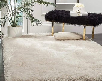 Tapis shaggy en laine touffetée à la main - Tapis moelleux ivoire doux pour intérieurs de style nordique