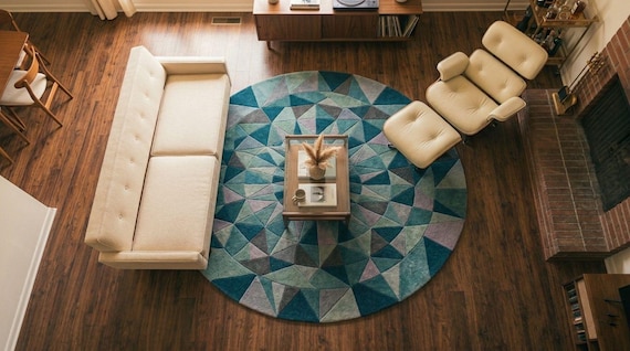 Hand-Tufted Wool Round Rug, Teal Lavender Geometric Mandala Carpet, Boho Living Room Decor