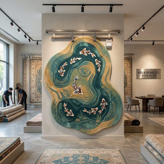 Hand-Tufted Koi Fish Pond Wool Rug, Irregular Shape, 3D Effect Carpet
