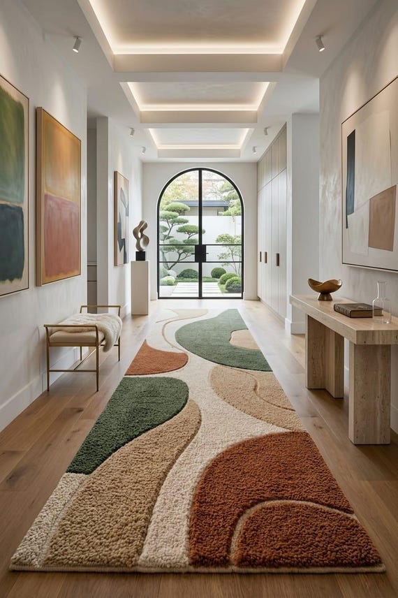 Abstract Geometric Runner Rug – Earth Tone Organic Shapes Hallway Carpet