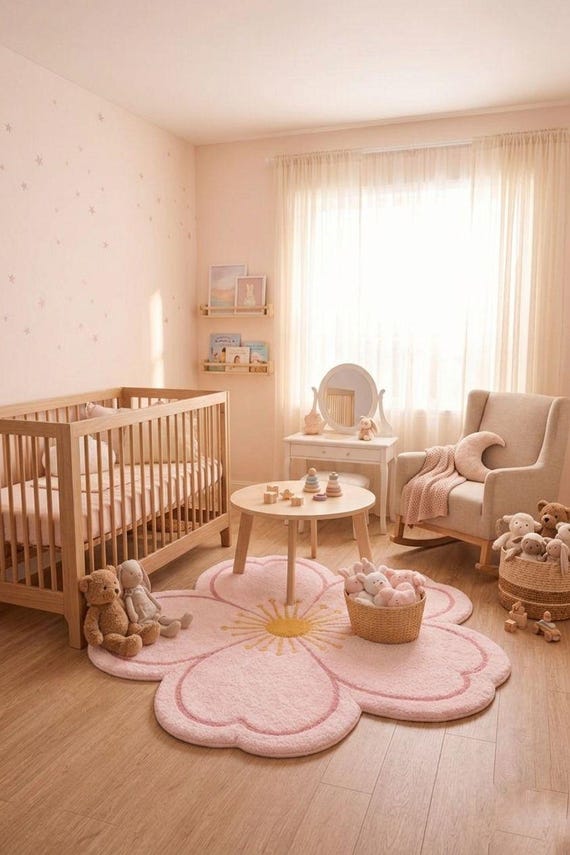 Hand-Tufted Wool Cherry Blossom Rug – Pink Sakura Flower Nursery Decor