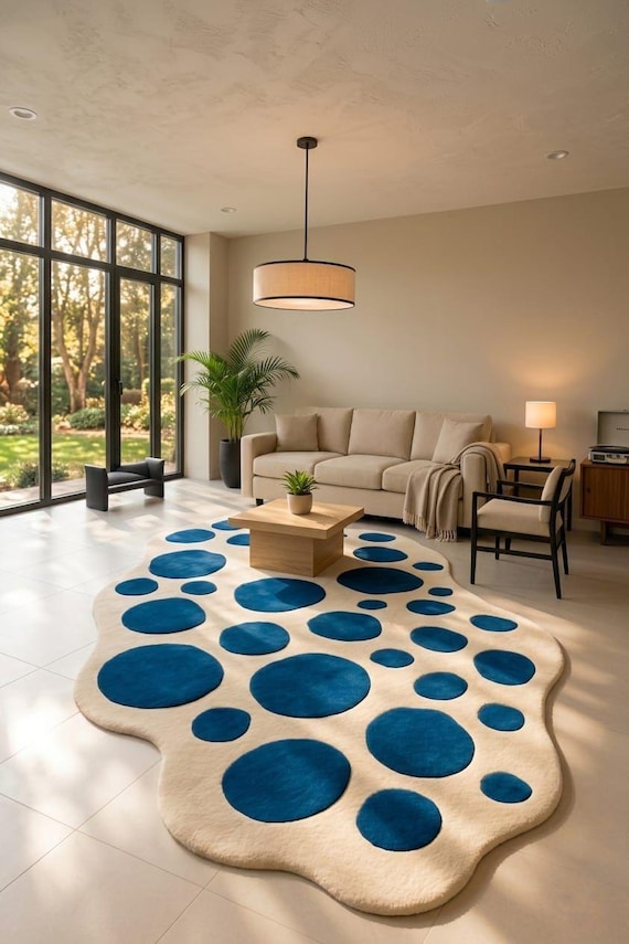 Handmade Abstract Polka Dot Rug, Irregular Shape, Blue Beige Wool Carpet