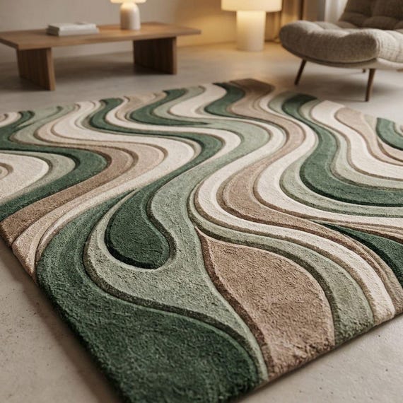 Hand-Carved Wool Rug – 3D Wavy Abstract Sage Green Carpet – Minimalist Textured Floor Art