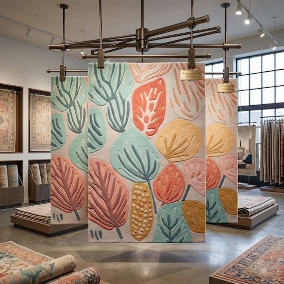 Hand-Tufted Wool Abstract Tropical Leaf Rug – Modern Pastel Botanical Carpet