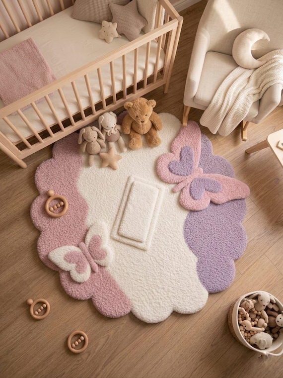 Hand Tufted Butterfly Rug – Pastel Pink, Purple Scalloped Nursery Decor