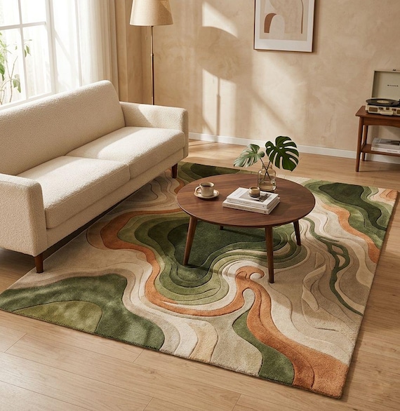 Hand-Tufted Wool Topographic Rug – Abstract Sage Green Earth Tones Area Carpet