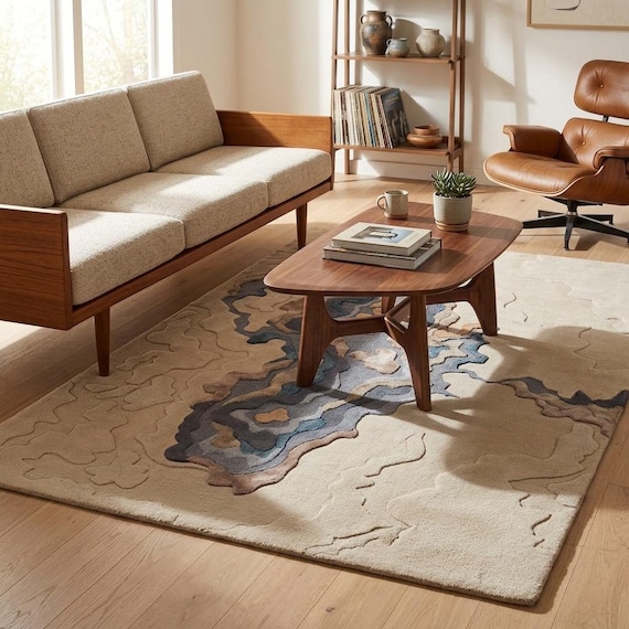 Abstract Topographic Area Rug | Modern Contour Carpet | Neutral Living Room Decor