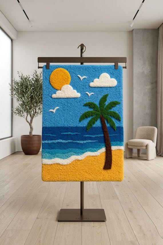 Hand-Tufted Wool Beach Scene Rug, Tropical Palm Tree Ocean Waves Carpet