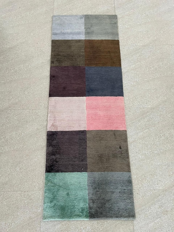 Hand-Knotted Wool Runner Rug – Modern Abstract Color Block Hallway Carpet