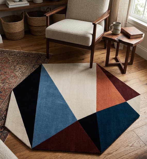Hand-Tufted Geometric Wool Rug – Abstract Multicolor Irregular Shape Carpet