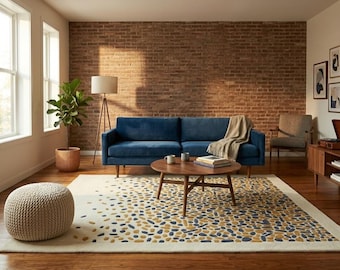 Abstract Pebble Pattern Area Rug - Cream & Mustard Yellow Geometric Stone Gradient Floor Carpet
