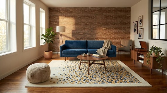 Abstract Pebble Pattern Area Rug - Cream & Mustard Yellow Geometric Stone Gradient Floor Carpet