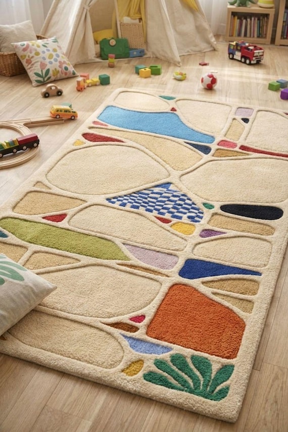 Hand-Tufted Wool Abstract Geometric Kids Rug, Modern Playroom Carpet