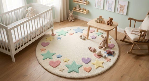 Round Pastel Stars Hearts Rug – Hand Tufted Soft Play Mat for Nursery
