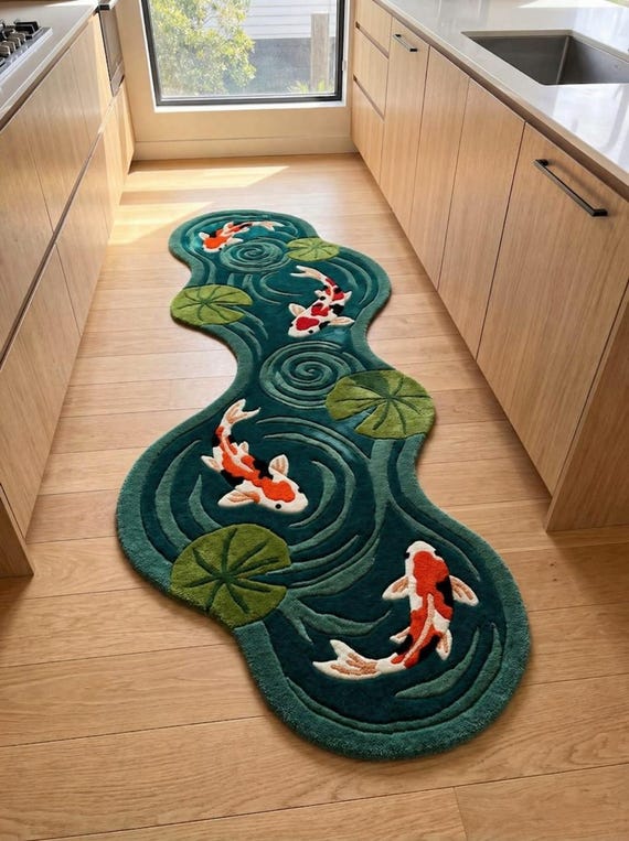 Hand-Tufted Koi Fish Pond Runner Rug, Wool Blend Hallway Carpet