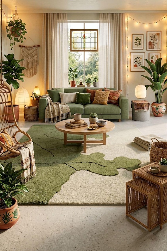 Abstract Green Beige Area Rug | Nature Inspired Soft Carpet for Living Room
