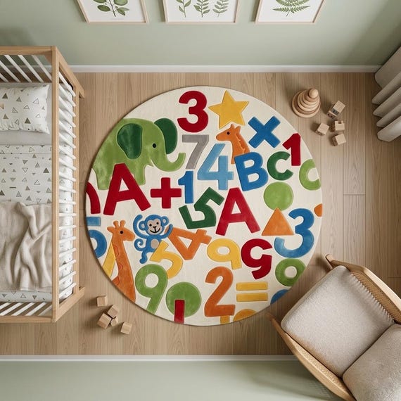 Hand-Tufted Wool Alphabet Numbers Animals Round Kids Rug, Educational Playroom Carpet