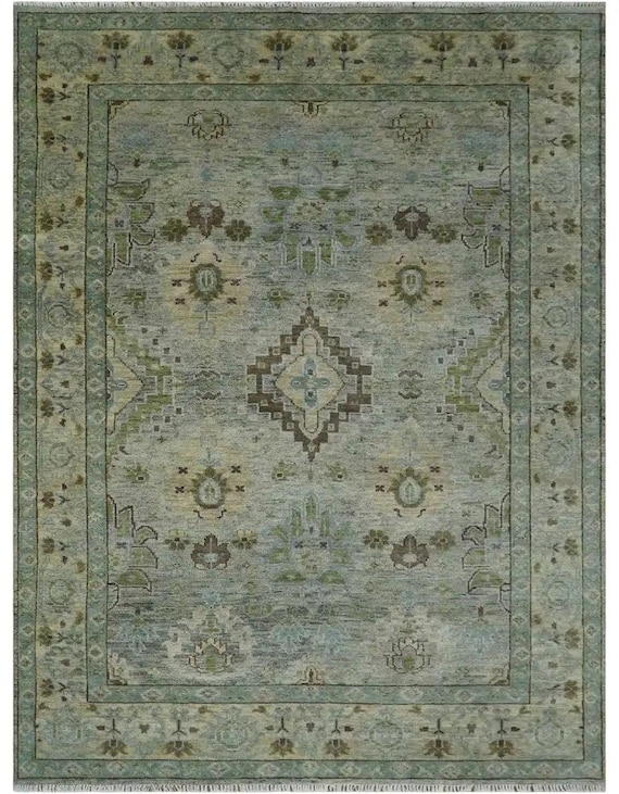 Hand-Knotted Wool Area Rug, Sage Green Distressed Floral Oriental Style