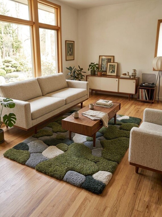 Hand Tufted Moss Rug, Sculpted Organic Stone Path Luxury Green Area Carpet Gifts