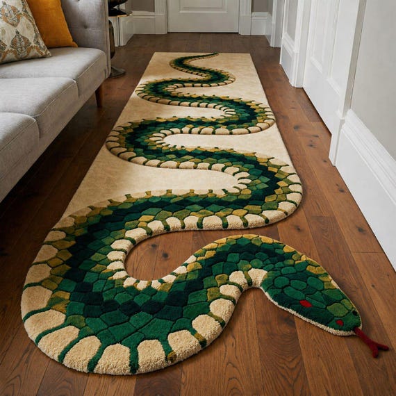 Hand Tufted 3D Snake Runner Rug – Emerald Green Serpent Hallway Carpet