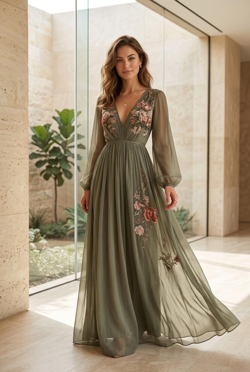women's long sleeve emerald green dress Maxi Vintage Dresses For Women Vintage Sleeve Green No Labels