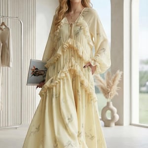 women's ruffle dress long sleeve Solid Ruffle Bell Sleeve Midi Dress  Fleur Rtro