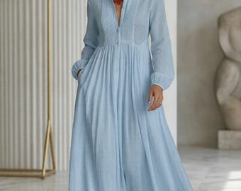 Elegant Long Sleeve Midi Dress for Women – Stand Collar Spring Dress, Casual Button Down Party Dress with Pockets, Vintage Style Dress